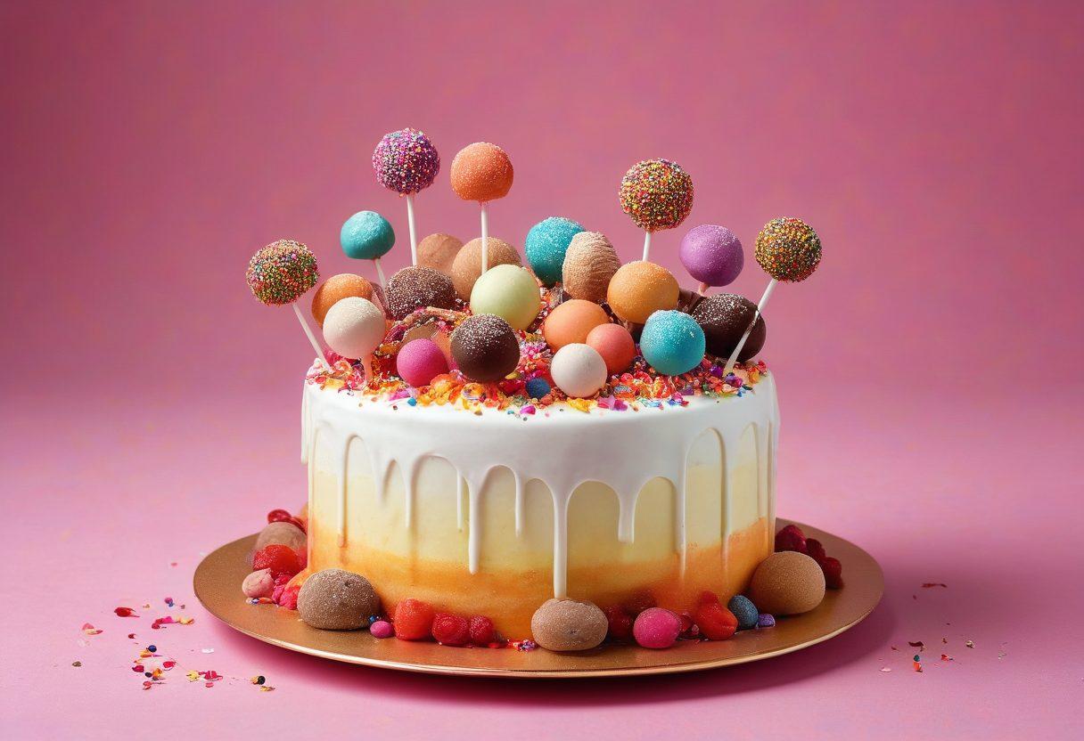 An artistically arranged display of cake pops and themed cakes, showcasing a vibrant array of colors and intricate designs. Include whimsical decorations like sprinkles, flowers, and cartoon characters, surrounded by a soft pastel backdrop that evokes a sense of joy and celebration. Incorporate a warm, inviting lighting to enhance the decadence of the desserts. super-realistic. vibrant colors. soft pastel background.