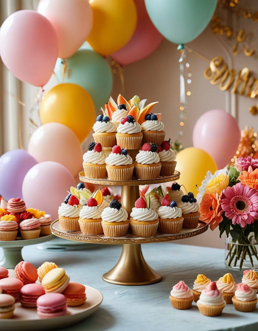 A beautifully arranged table filled with a variety of gourmet desserts, including intricate cupcakes, artistic tarts, and colorful macarons, adorned with edible flowers and sparkling decorations. The background features soft pastel colors and festive balloons to evoke a cheerful celebration atmosphere. A cozy, inviting ambiance with warm lighting enhances the scene. super-realistic. vibrant colors. soft focus.
