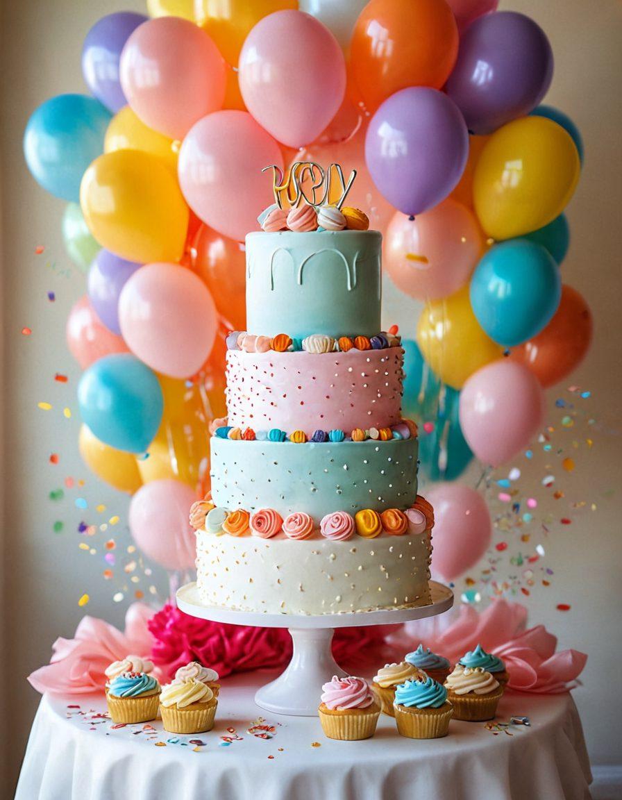 A whimsical bakery scene filled with vibrant and colorful custom booty cakes displayed on a tiered cake stand. Surrounding the cakes are a variety of gourmet treats such as macarons, colorful cupcakes, and lollipops, all exuding an aura of joy and celebration. The background features cheerful pastel colors with balloons and confetti subtly enhancing the festive atmosphere. Soft natural lighting casts a warm glow, inviting viewers to indulge. whimsical art style. vibrant colors. soft focus.